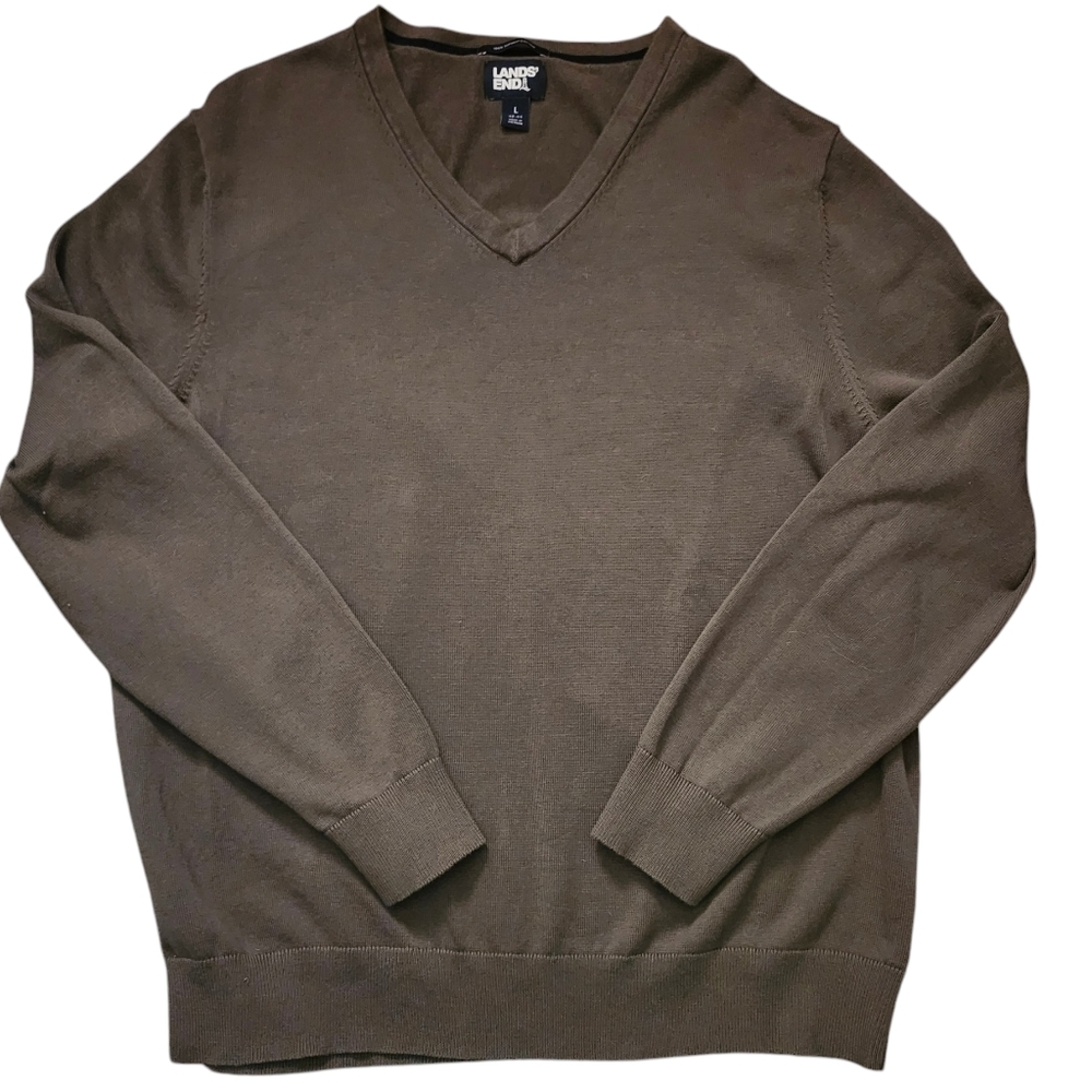 Lands' End 100% supima cotton v-neck sweater olive green men's large‎